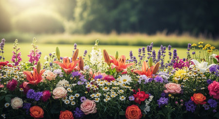Colorful springtime meadow featuring vibrant assortment of flowersの写真素材