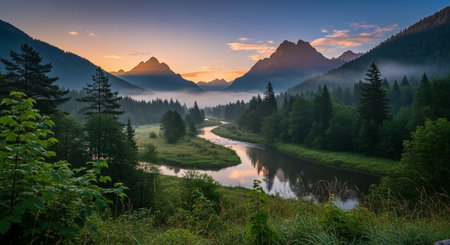 Scenic river winding through mountains during a vibrant sunsetの写真素材