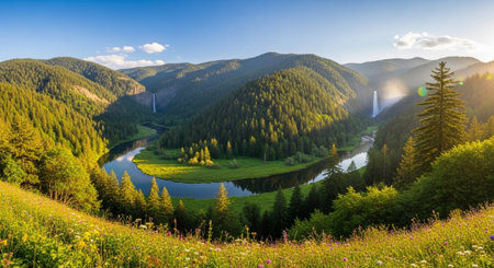Majestic waterfall flows into river valley through lush forestの写真素材
