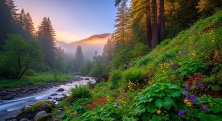 Picturesque river flows through forest landscape with wildflowersの写真素材