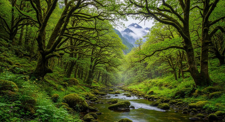 Lush green forest with moss covered rocks and riverの写真素材
