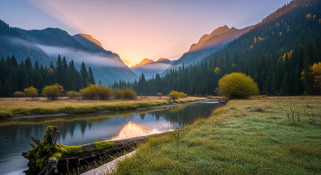 Serene mountain landscape with river, trees, and golden lightの写真素材