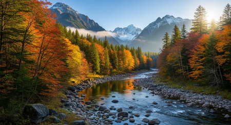 Autumn river flows through a colorful forest, mountainsの写真素材