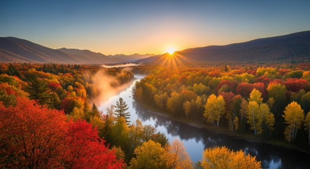 Autumnal river landscape at sunrise with mountains in backgroundの写真素材
