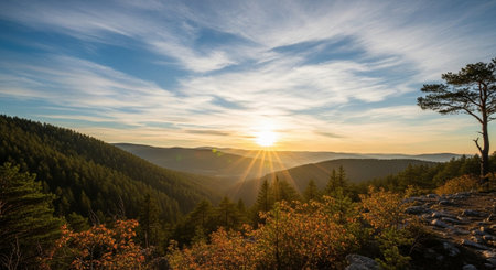 Scenic mountain landscape with forest and brilliant sunsetの写真素材