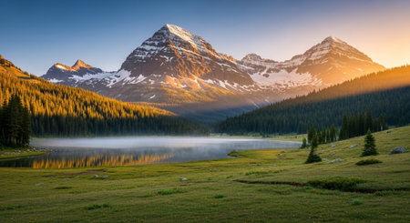 Majestic mountain vista reflecting in the serene alpine lakeの写真素材