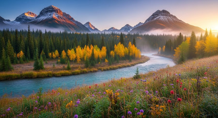 Majestic mountains with river and forest landscape imageの写真素材