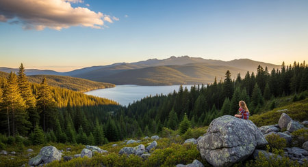 Woman meditates on boulder overlooking mountain forest and lakeの写真素材