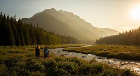 Two women hike through valley at golden hour lightの写真素材