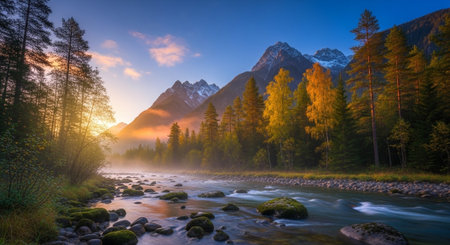 Mountain river at dawn surrounded by trees and fogの写真素材