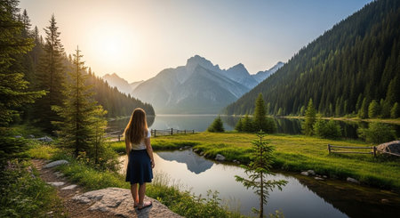 Woman admiring mountain lake view at sunset landscapeの写真素材