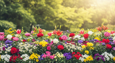Colorful flowerbed against blurred green background in bright sunlightの写真素材