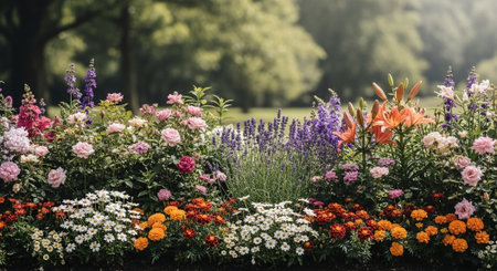 Vibrant flowerbed with roses, lilies, daisies in gardenの写真素材