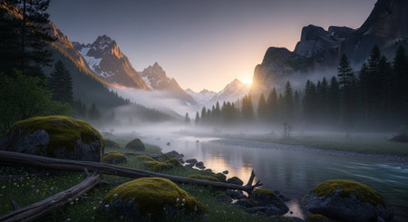 Majestic mountain landscape at sunrise over misty river valleyの写真素材