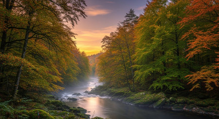 Autumn River Scene with Colorful Foliage and Misty Waterの写真素材