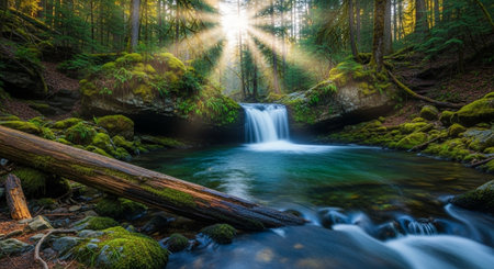 Sunlit waterfall flowing into vibrant green river landscapeの写真素材