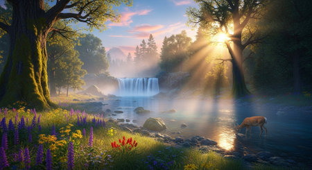Serene landscape with waterfall, deer, flowers, and sunlight raysの写真素材