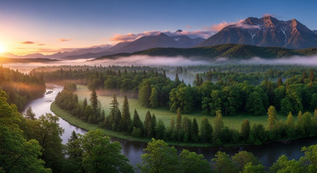 Serene mountain landscape with river winding through lush forestの写真素材