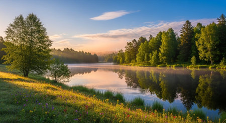 Peaceful lake at sunrise with forest reflectionの写真素材