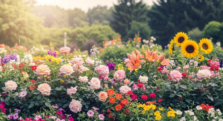 Lush summer flower garden with diverse colorful bloomsの写真素材