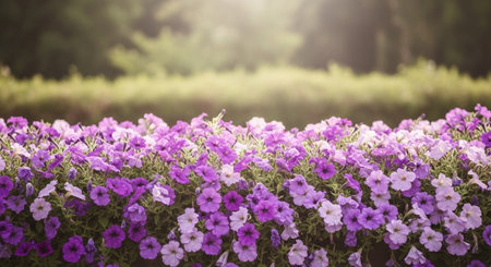 Lush purple petunia flowers with greenery and blurred backgroundの写真素材