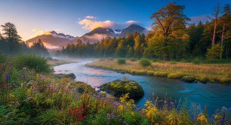 Scenic river landscape with mountains, flowers and lush treesの写真素材
