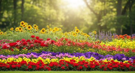 Colorful flowerbed with sunflowers lilies and roses in gardenの写真素材