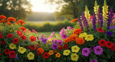 Blooming flower bed with vibrant colors in summer gardenの写真素材