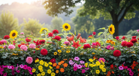 Abundant flowerbed of sunflowers, roses, and lilies blossomsの写真素材
