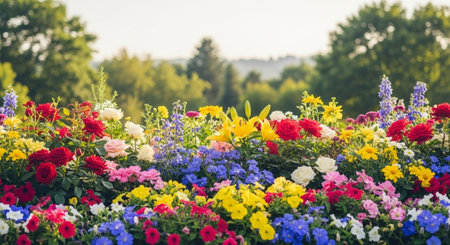 Vibrant wildflower meadow against blurred background, sunny dayの写真素材