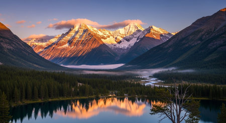 Scenic mountain range reflecting in lake at sunsetの写真素材