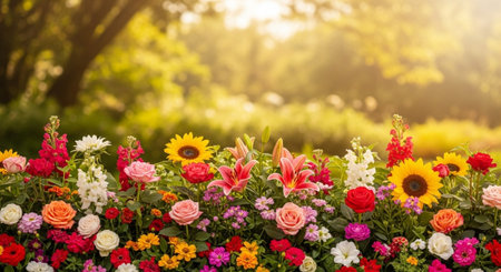 Vibrant field of colorful flowers under a sunny skyの写真素材