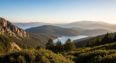 Scenic mountain landscape with lake views at sunriseの写真素材