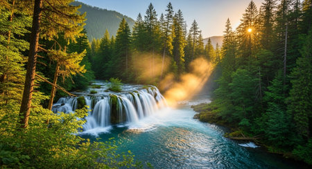 Cascading Waterfall Sunlight Bursting Through Lush Green Forest Treesの写真素材