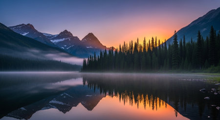Serene mountain lake reflection at sunrise with evergreen forestの写真素材