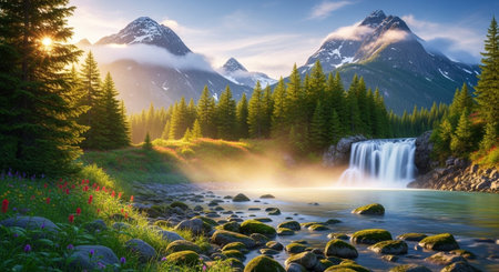 Idyllic mountain landscape with waterfall, trees, flowers, and rocksの写真素材