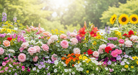 Lush summer garden featuring vibrant flowers under bright sunlightの写真素材