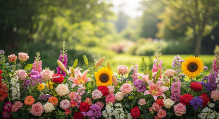 Bright and colorful flowerbed with sunflowers, roses and liliesの写真素材