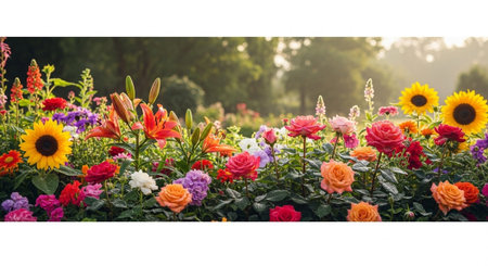 Colorful Flower Garden in Full Bloom on a Sunny Dayの写真素材