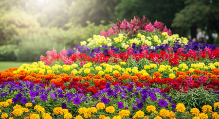 Abundant Flower Bed Displaying Vivid Colors in Landscape Photographyの写真素材