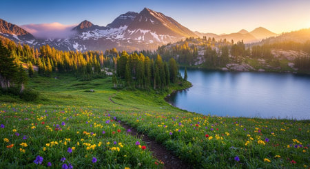 Serene mountain lake surrounded by vibrant wildflower meadow