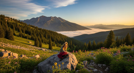 Girl Sitting on Rock Overlooking Mountain Valley Fogの写真素材