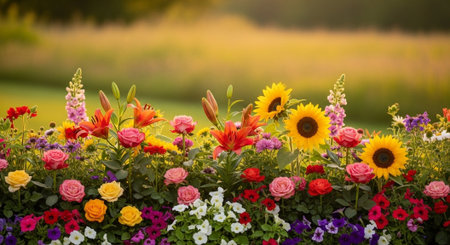 Vibrant flowerbed brimming with colorful blooms against soft backgroundの写真素材