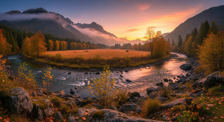 Autumnal river at dusk in scenic mountain landscape