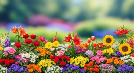 Vibrant flowerbed displaying a rainbow of colors and bloomsの写真素材