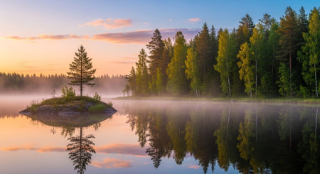 Foggy lake with small island and forest at sunriseの写真素材
