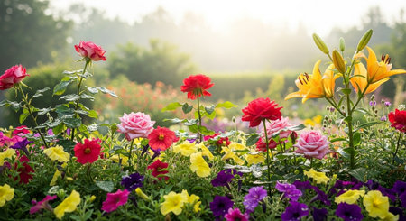 Blooming flower garden under sunlight in the morningの写真素材
