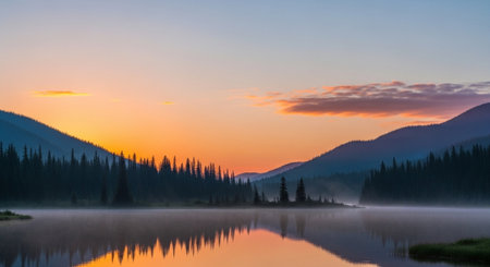 Lake at sunrise reflecting forest and sky colorsの写真素材