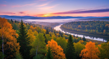 Autumn forest with river at scenic sunrise landscapeの写真素材