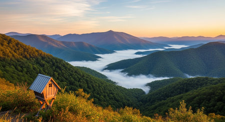 Panoramic view of mountain range at sunrise with fogの写真素材